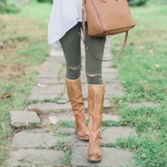 Frye Womens Paige Tall Riding Boots Weathered Distressed Burnished Tan Size6.5